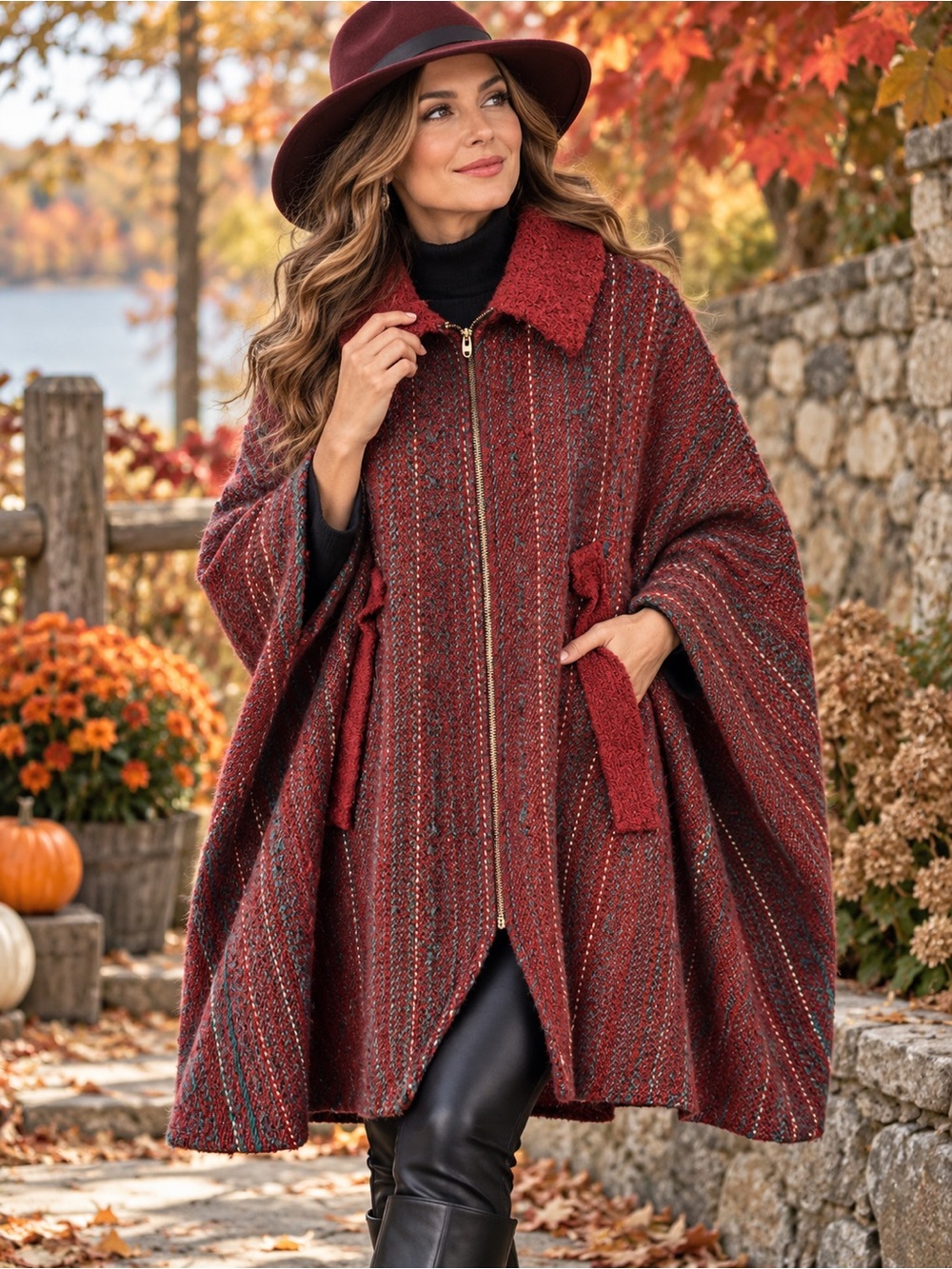 Vintage Textured Woven Wool Cape Poncho – Rust Red & Forest Green Zip Front